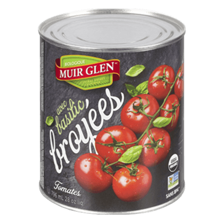 Muir Glen CA Crushed Tomatoes with basil- front of can