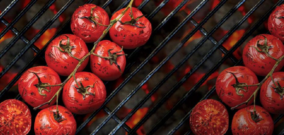 Vine tomatoes roasting over hot coal on a barbecue grill.